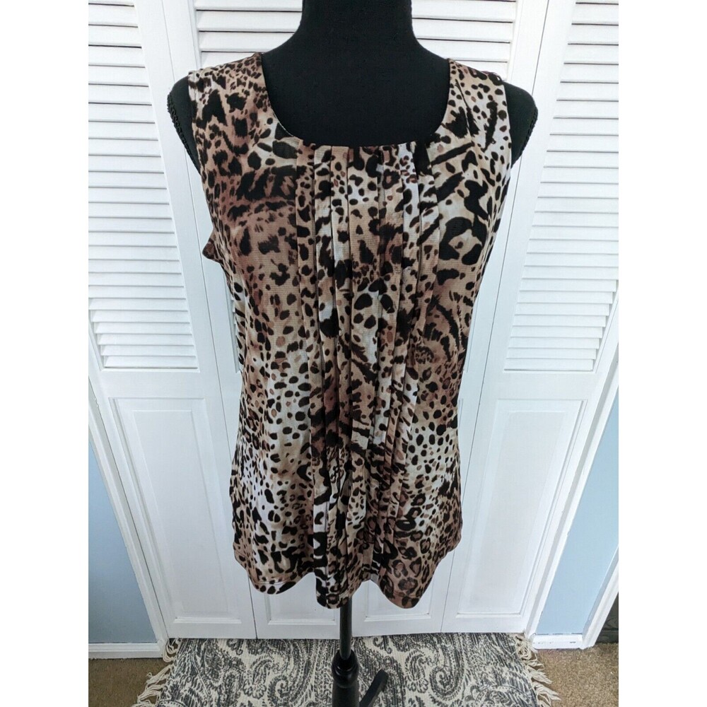 Chicos Tank Top Women's Sz S (0) Animal Print Pleated Mesh Scoop Neckline Brown